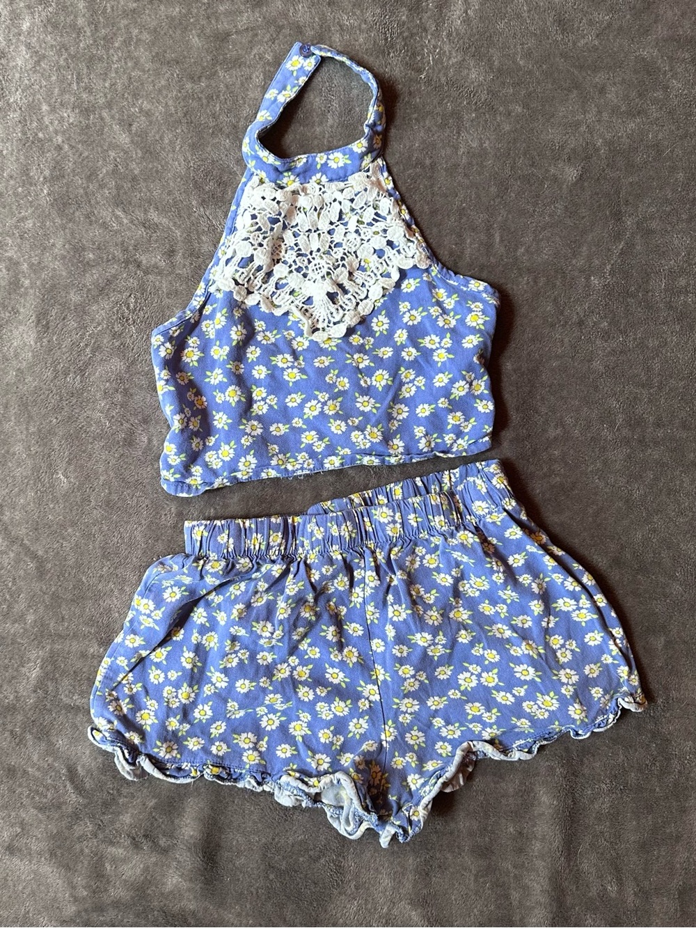 Blue Floral Crochet Halter Top and Shorts Set
